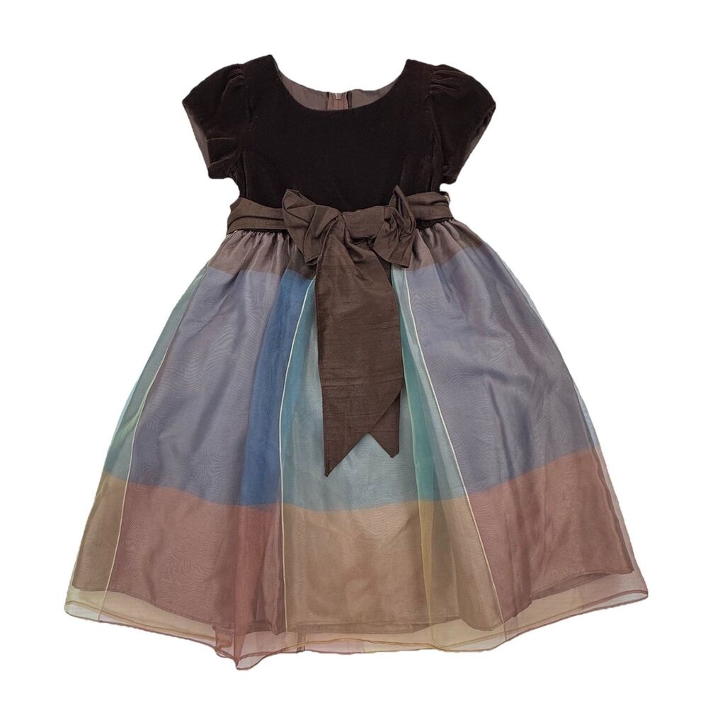 Dimples Los Angeles Girls 4T Velvet Organza Party Easter Dress Brown Bow NWT